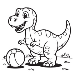 Fototapeta premium Cartoon tyrannosaurus rex dinosaur with a ball on grass t rex black and white