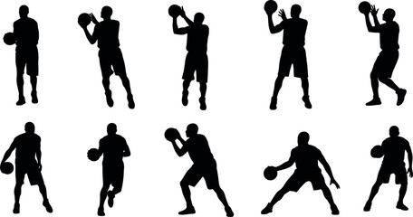 Obraz premium A collection of black silhouettes depicting various dynamic basketball player poses in action showcasing different movements and exercises with a ball