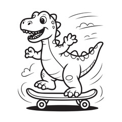 Obraz premium Cartoon dinosaur riding a skateboard with motion lines and clouds black and white