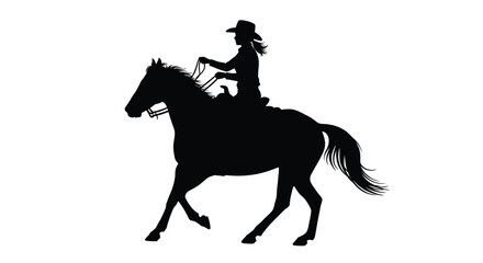 A cowgirl riding a horse in a striking black silhouette © SAKINA