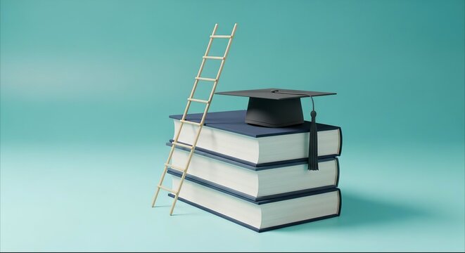 Graduation cap on stack of books with ladder for education success
