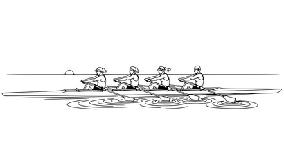 Minimalist four-person rowing team vector with water ripples and sunrise for sports illustration © HoriProshad