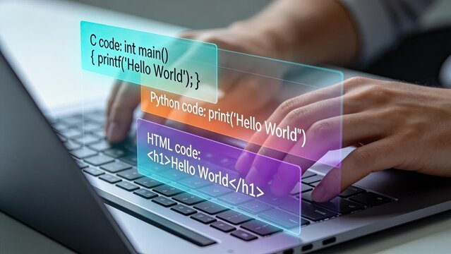 Developer hands typing code on laptop with holographic interface showing C Python and HTML programming languages for software engineering and web development projects