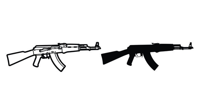 Two depictions of an ak 47 assault rifle black outline silhouette