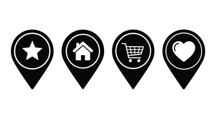 Four black location icons displaying star home cart and heart silhouette © SAKINA