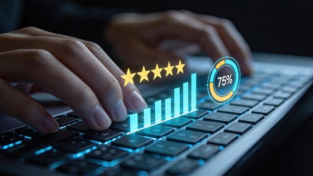 Hands typing on keyboard with holographic charts five stars rating and progress circle showing 75 percent digital analytics performance metrics business growth data visualization tech interface