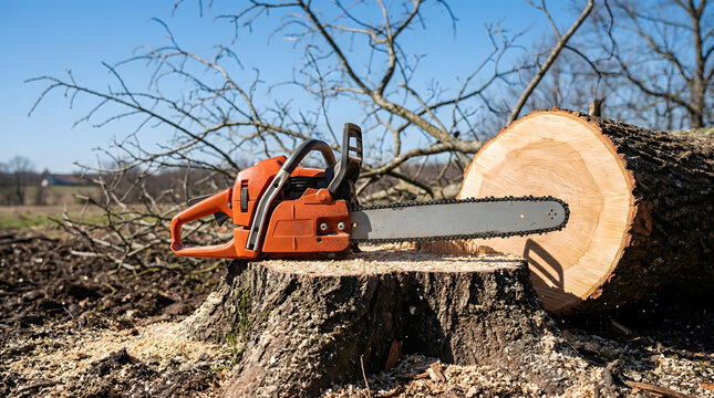 A powerful orange chainsaw rests on a tree stump next to a large, freshly cut log with sawdust