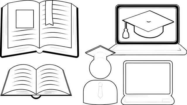Education icons set with book graduation cap laptop and student silhouette in line art style for learning