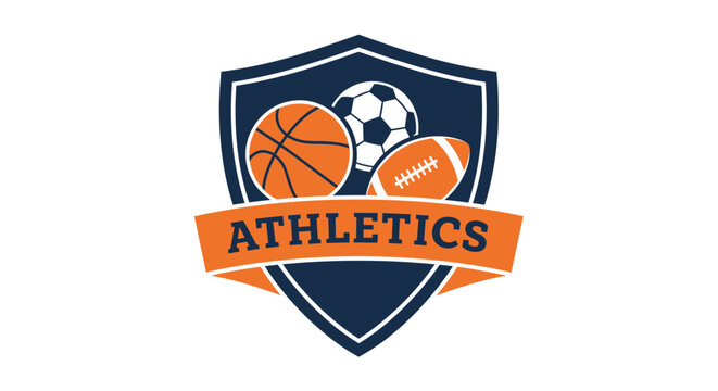Athletics sports emblem with basketball, soccer ball, and football.