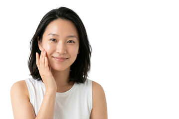 Fototapeta premium Young Asian woman smiling with beautiful face touching healthy facial skin, skincare and cosmetics concept, isolated on transparent background, PNG