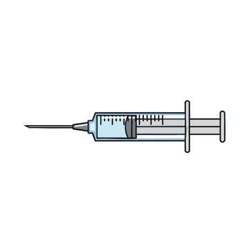 A cartoon syringe with a needle and clear liquid, marked with measurements