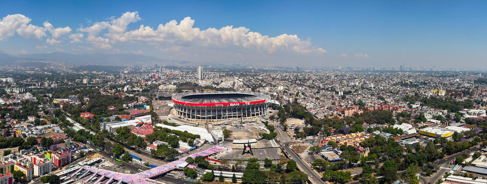 Panoramic aerial capture of 2026 World Cup stadium construction