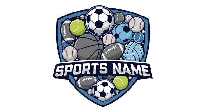 Dynamic Sports Emblem with Assorted Balls and SPORTS NAME Text on a Shield Design.