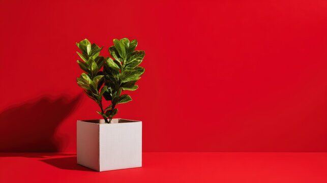 明るい光の中で赤い背景に白い鍋に植えます