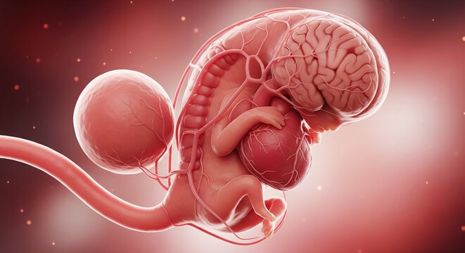 3D illustration of early human embryo development showing brain heart and umbilical cord
