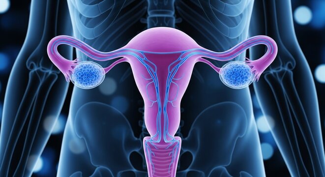 3D illustration of female reproductive system uterus ovaries and fallopian tubes with blue veins