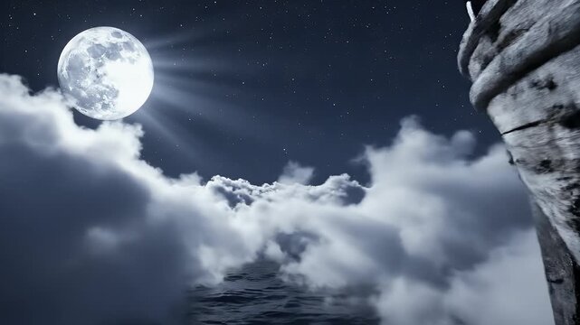 A full moon shines brightly over clouds and a rocky cliff face at night