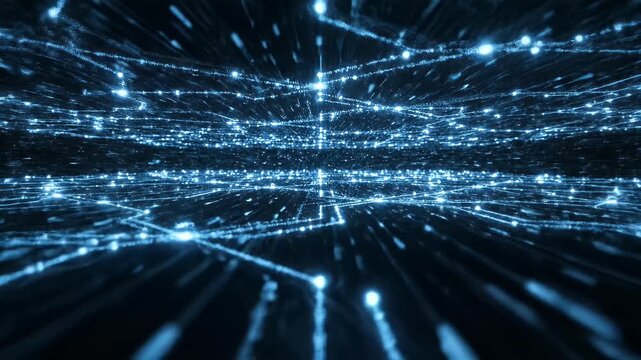Abstract digital network of glowing blue lights and lines receding into darkness