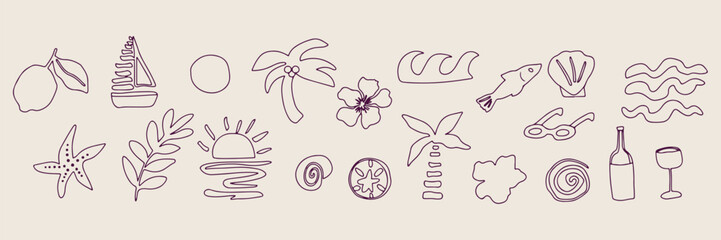 Sea creature illustrations, marine life sketches, fish and jellyfish drawings, coral and seaweed art, underwater animals symbols, aquatic world elements, ocean wildlife icons.  © Geetaroy