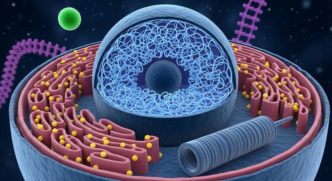 3D illustration of a biological cell nucleus with chromosomes and endoplasmic reticulum with ribosomes
