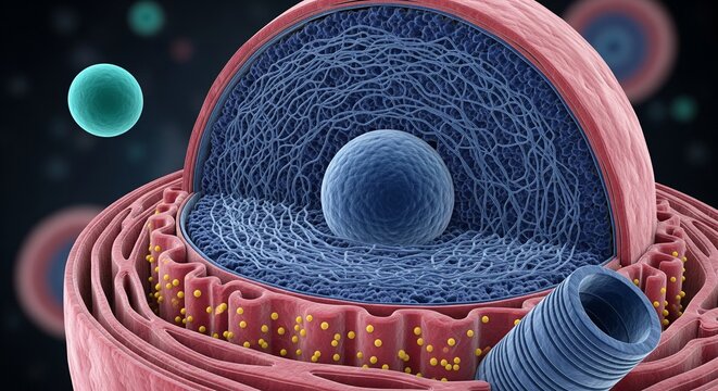 3D illustration of a cell nucleus with a spherical nucleus cytoskeleton and outer membrane