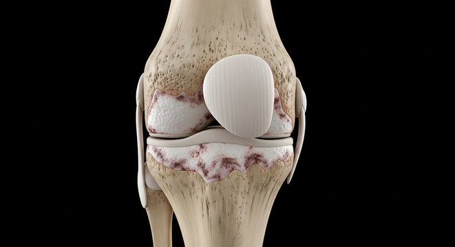 3D illustration of a diseased knee joint showing bone degeneration and cartilage loss