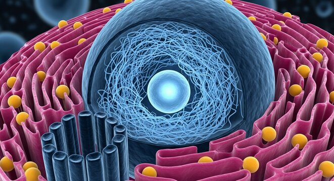 3D illustration of a cell nucleus with ribosomes endoplasmic reticulum and nuclear pore