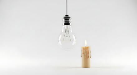 Set of incandescent light bulb and burning candle isolated on white background representing progress or lighting evolution