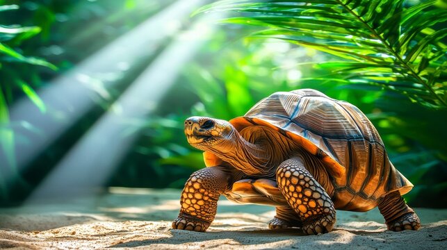 Giant Tortoise basking in tropical jungle sun rays