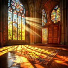 Obraz premium Sunlight Streaming Through Ornate Stained Glass Windows in Grand Cathedral Interior