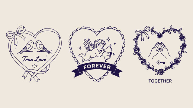 Cupid and heart logo, angel of love sketches, Valentines day symbols, romance icons, wedding decoration elements, vintage art of love, "Forever" text.
