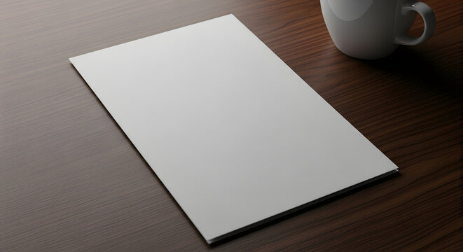 Blank A4 paper mockup on a dark wooden office desk for corporate branding presentation