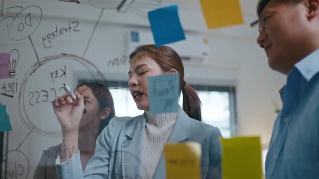 Group of young asian creative business brain storm meeting presentation,discussing roadmap to product launch, planning,strategy,new business development,working with new startup project in office.