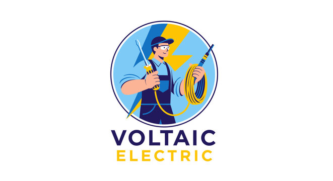 Voltaic Electric Logo with Electrician Holding Tools.