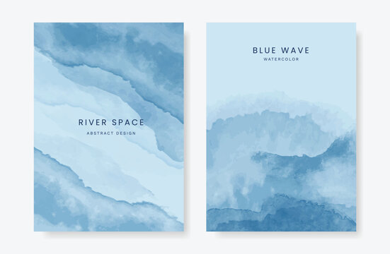 Japanese sea wave Card set vector. Poster design with watercolor blue ocean wave pattern backdrop. Modern illustration for cover, banner, website, decor, interior.