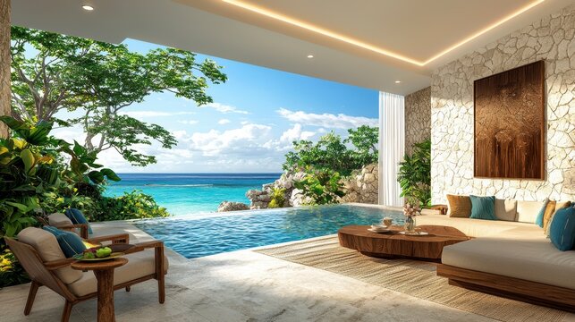 Luxury Tropical Villa with Infinity Pool and Ocean View, Modern Outdoor Living Room Design