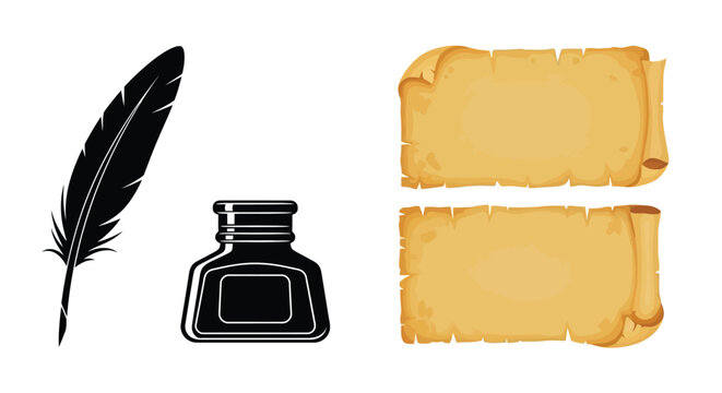 A classic writing set featuring a quill inkwell and parchment scrolls