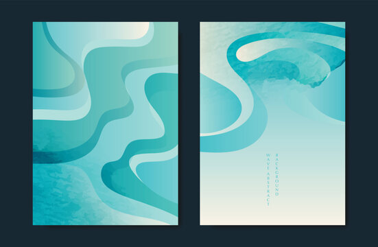 Japanese sea wave Card set vector. Poster design with watercolor blue ocean wave pattern backdrop. Modern illustration for cover, banner, website, decor, interior.