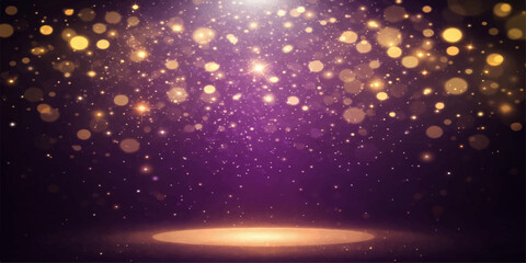 Abstract a captivating display of shimmering golden particles cascades gracefully against a rich, radiant purple backdrop. The image is bathed in a warm, inviting glow. © Xw Pixel