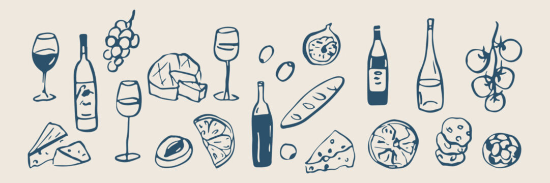 Wine bread snack, mediterranean food doodles, restaurant menu illustration, delicious meal sketches, culinary dining icons, wine tasting celebration, healthy appetizers.
