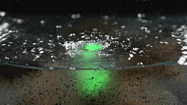 Turbulent water splash with green light reflection and liquid clarity, dynamic motion, energetic close up, glowing green splash, dramatic effect