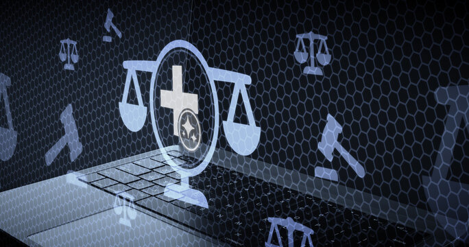 Inteligencia Artificial y Derecho Sanitario: Balanza de Justicia con S&iacute;mbolo M&eacute;dico y Cruces en Entorno Tecnol&oacute;gico Digital