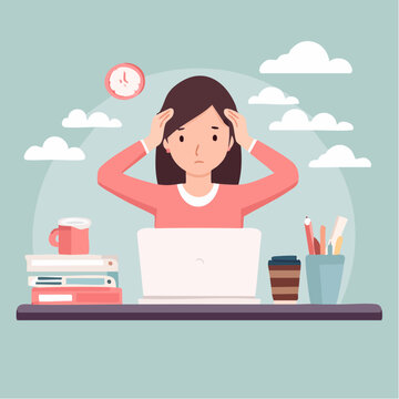 Stressed Office Worker Holding Head at Desk with Laptop &ndash; Burnout and Work Pressure Concept