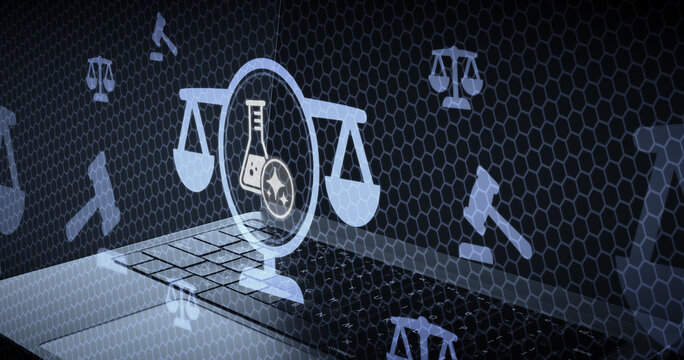 Patentes y Propiedad Industrial en Ciencia con IA: Balanza de Justicia con Matraz de Laboratorio en Entorno de Red Hexagonal