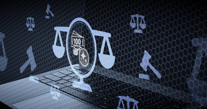 Regulaci&oacute;n de Fintech y Finanzas Digitales con IA: Balanza de Justicia con Billetes y Monedas en Circuito Tecnol&oacute;gico