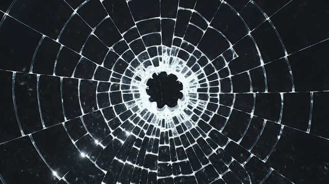 Close-up of shattered glass with radiating cracks against a dark background