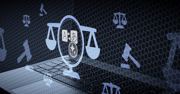 Imagen simb&oacute;lica de las traducciones jur&iacute;dicas, las leyes y las sentencias relacionadas con las traducciones o los errores de traducci&oacute;n. La balanza de la justicia con s&iacute;mbolos que representan la trad