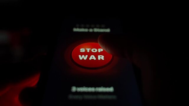 Big red STOP WAR button on smartphone screen. Voting for ending war through app on smartphone screen