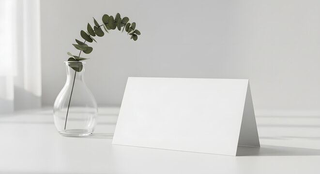 Blank white tent card mockup on a clean surface with a eucalyptus branch in a glass vase for invitation or greeting card design