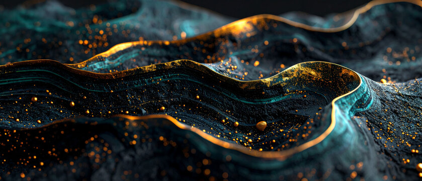 Macro topography mineral landscape. Darkness teal black textures. Glow gold veins edges particles. Cinema depth 3d render. Luxury nature abstract 2026. Digital art composition wallpaper backdrop. Sale